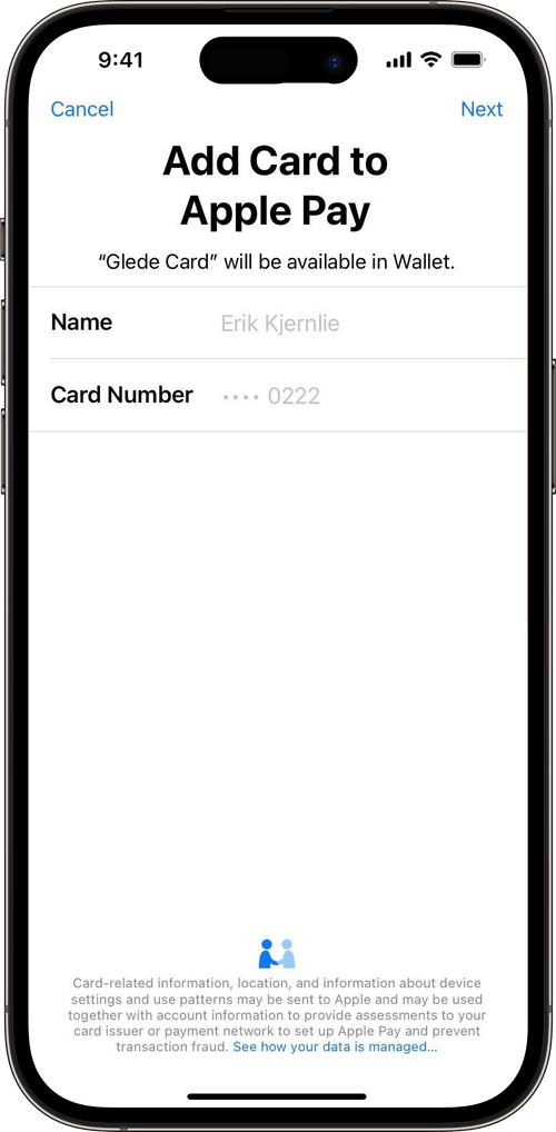 Apple Wallet setup flow with Glede -card